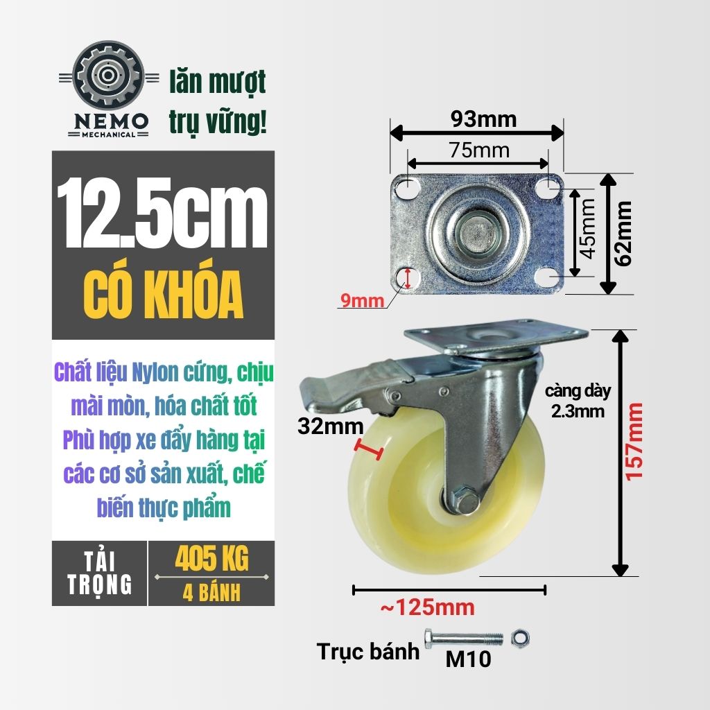 Bánh Xe Nylon Trắng Chịu Tải – Chuyên Dụng Kho Lạnh, Phòng Sạch (D75, D100, D125)